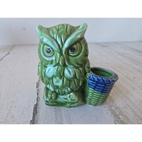 Vintage ceramic owl bird Japan toothpick holder green blue statue figurine