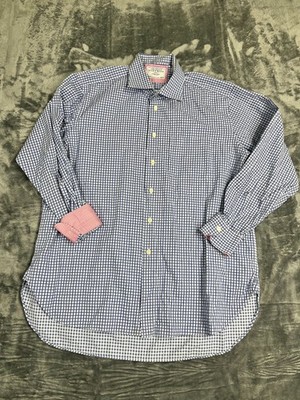 Charles Tyrwhitt Mens Slim Fit Blue Checkered Dress Shirt XL Pink Contrast Cuffs