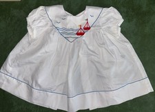 Vintage white baby girl sailor dress Embroidered Sailboats  Seagulls 6-9 Months