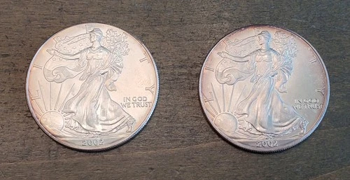 2 Qty  2002 American Silver Eagle 1 Oz. FINE SILVER ~ ONE DOLLAR Coins w/ Toning