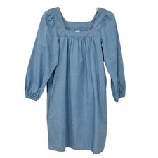 J. Crew Square Neck Chambray Shift Dress Puff Sleeve Casual Cotton Blue