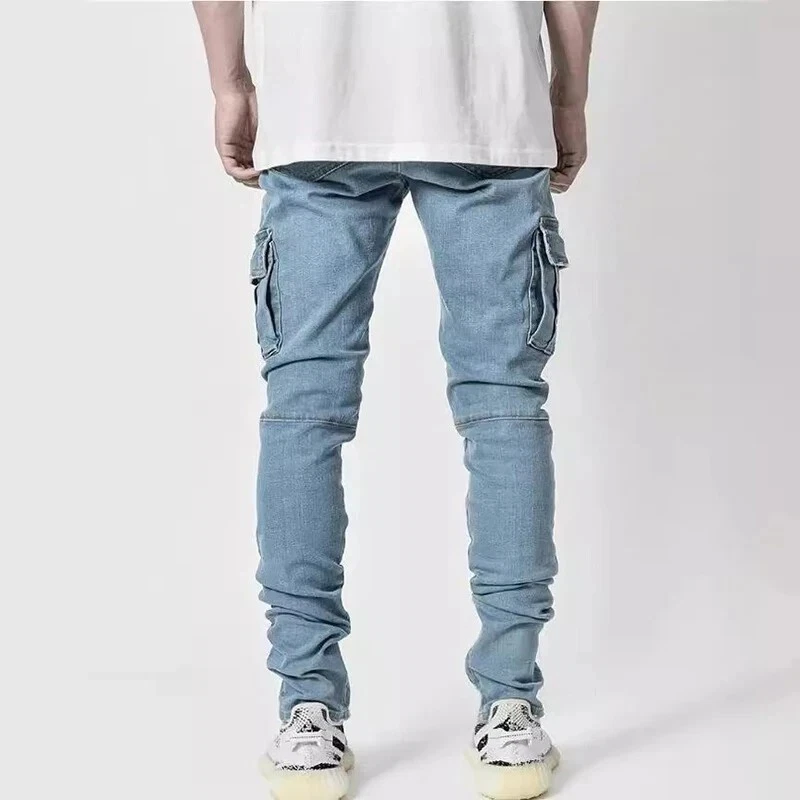 Men Skinny Jeans Stretch Slim Fit Pants Bike Jeans Cargo Pants Pockets Ripped US - Image 4 of 4