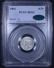 1866 Three Cent Nickel - 3CN PCGS MS63 CAC ✅ - Gorgeous Flashy Coin!