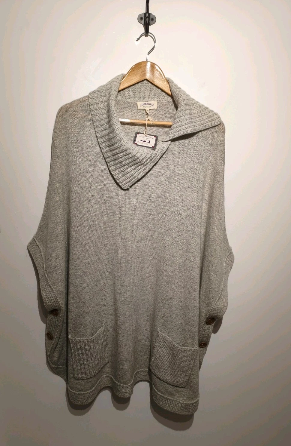Cambridge Dry Goods Size M/L Knitted Poncho Jumper Light Grey Wool Blend NWT