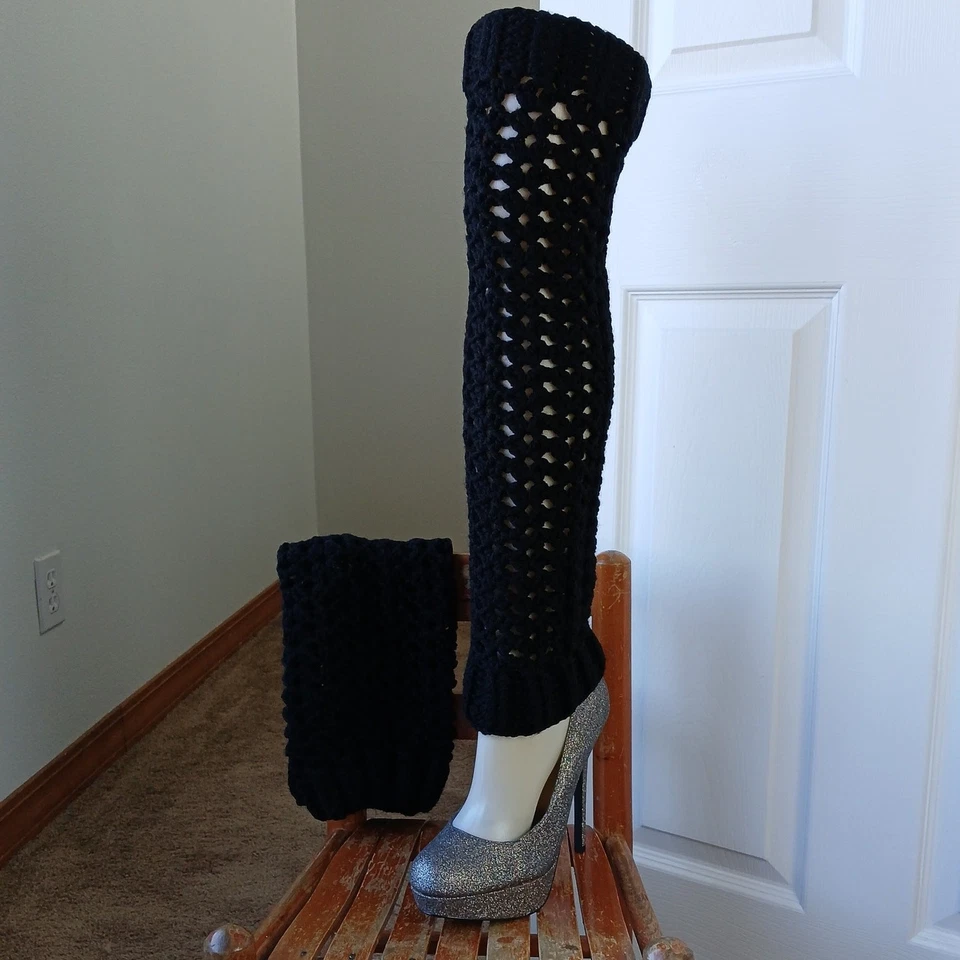 Calentadores de Piernas Negros OSFM Crochet Cálido Grueso Sobre la Rodilla Baile Prefabricado Foto 2 de 4