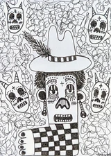 ACEO Original Ink Drawing Outsider Contemporary Folk Skeleton Mini Artwork ATC 