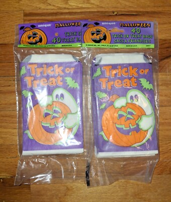 Vintage Halloween Unique Trick or Treat Paper Bags GHOST WITH PUMPKIN 40CT x2