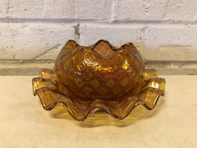 Vintage Possibly Antique Art Glass Finger Bowl & Underplate w/ Gold Speck Dec.