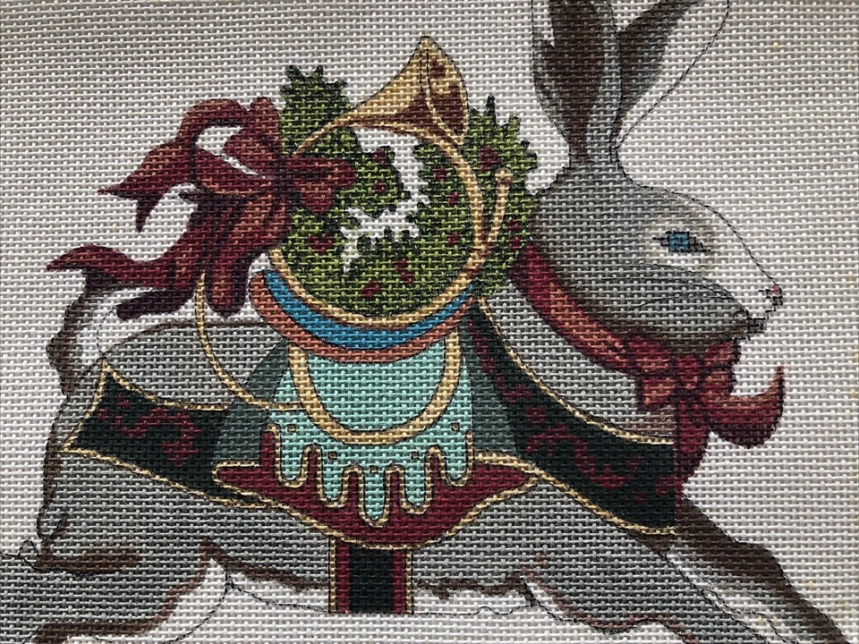 Vintage Peter Ashe Christmas Rabbit French Horn Needlepoint Canvas Handpainted - Image 2 of 4