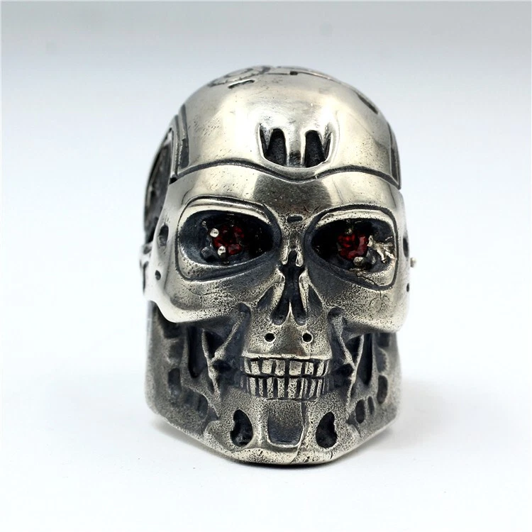 Anillo grande de plata esterlina 925 hecho a mano Terminator Robot T800 calavera ojos de rubí Foto 2 de 4