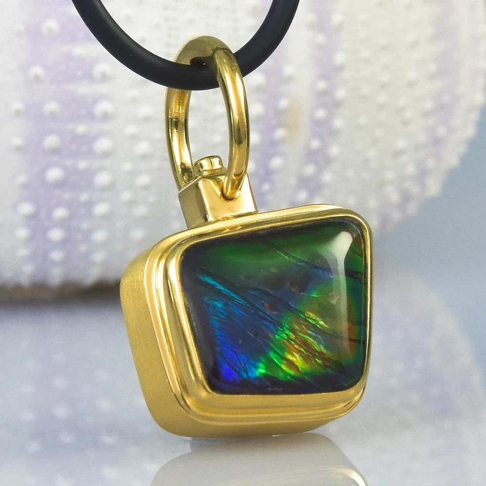 Colgante RARO Ammolita Amonita Diamante y Oro 18K Vermeil Plata de Ley 8.17g Foto 2 de 4