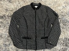 Women's Chico s Black White Tweed Zip Up Long Sleeve Blazer Jacket sz 1 Beaded