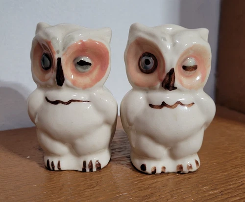 VTG Shawnee Pottery Winking Owl Salt and Pepper Shakers Blue Eyes With Stoppers