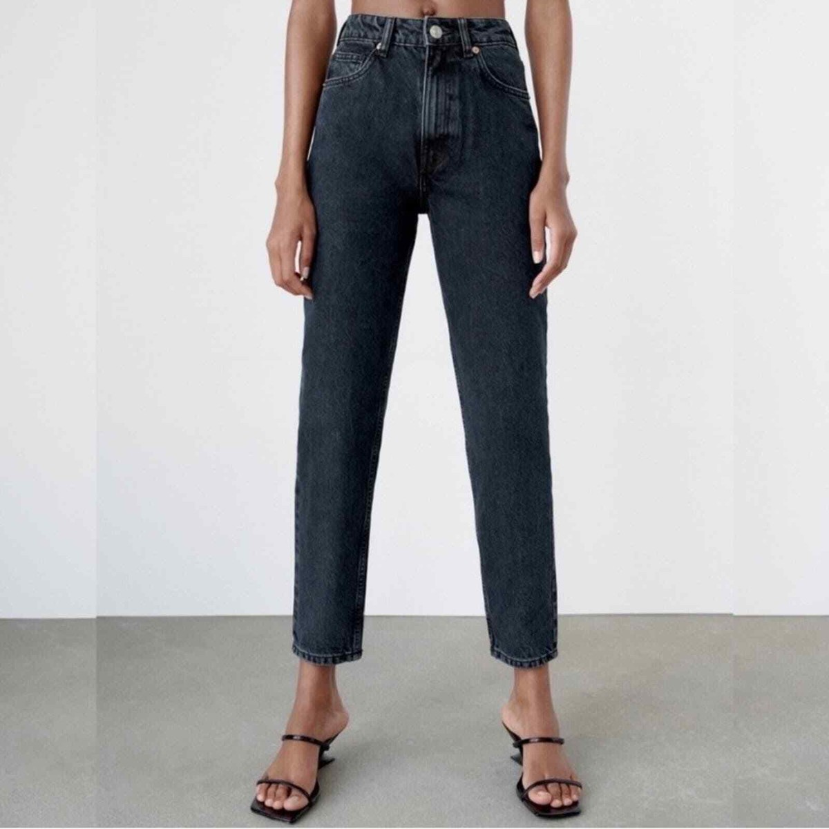 🔖 ZARA Classic Mom Fit Jeans Denim High Rise Ankle Black 8197