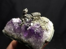 Fantasy Pewter Mining Scene on Amethyst Crystal, Made in USA (2.2 oz) E0