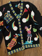 Vtg Hand Knit Holy Grail Ladies Golf Theme Ugly Christmas Sweater L