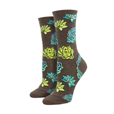 SockSmith Ladies Succulents Brown Heather Crew Socks WNC2613-HEB