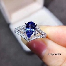 2CT Pear Shape Real blue Sapphire 14K White Gold Finish Engagement Jewelry Ring