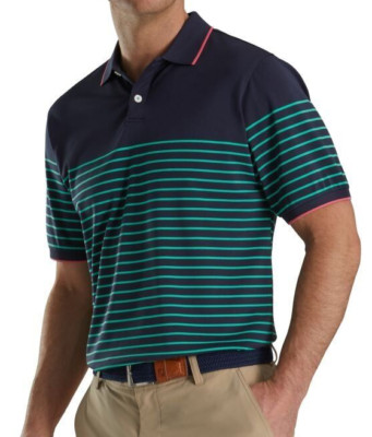NEW MENS FOOTJOY S/S BRETON STRIPE POLO GOLF SHIRT, NAVY/SEA GREEN, PICK A SIZE