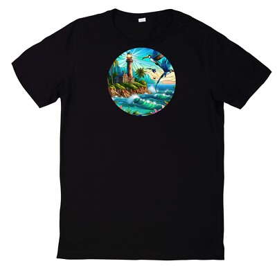 Stained Glass Lighthouse Motif Cotton T-Shirt