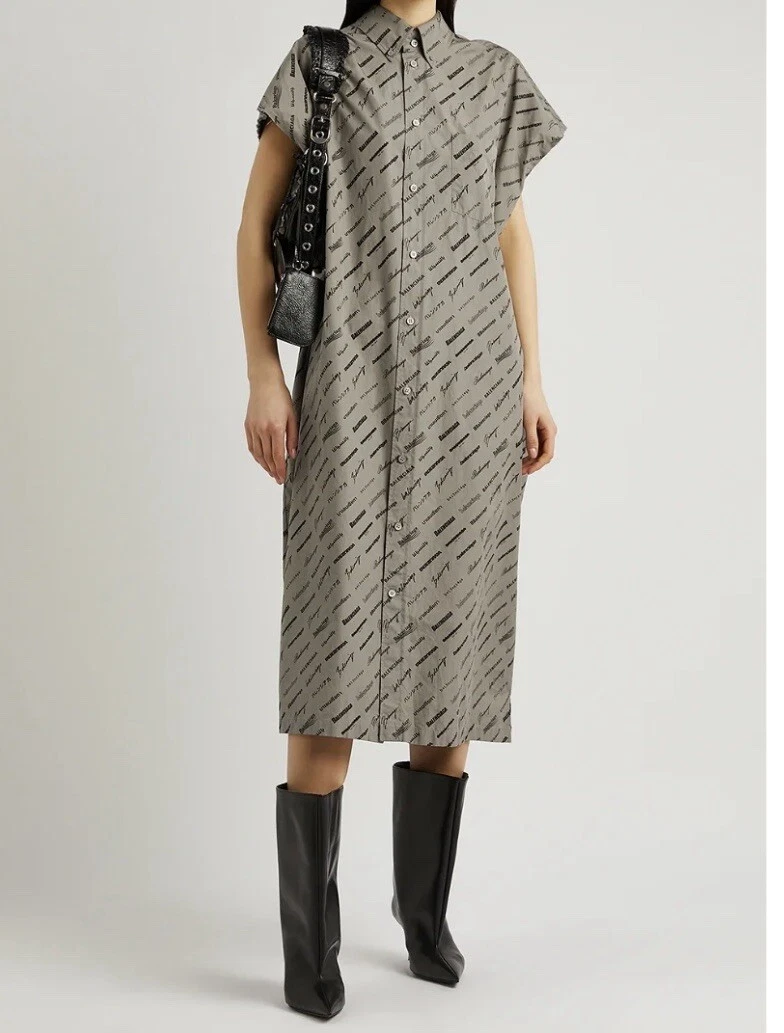 Abito camicia popeline midi stampato all over logo BALENCIAGA beige nero EU 36 $1650