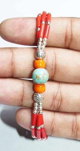Amber Turquoise Coral Lapis Gemstone Handmade Nepali Bracelet 8.5Inch - Picture 3 of 5