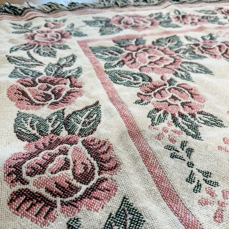 VTG Grandmother Floral Rose Tapestry Throw Blanket 53” x 26”  Country Pink - Image 3 of 4