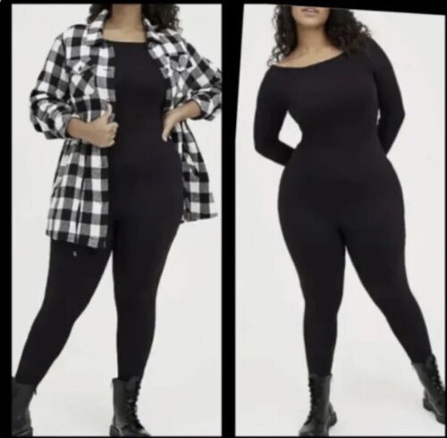Torrid 3 Black Catsuit Jumpsuit Off-Shoulder Long Sleeve Plus Size 3X 22/24