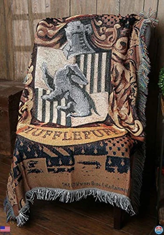 Hufflepuff Crest Woven Tapestry Throw Blanket 48"x60" Unique Home Décor Gift