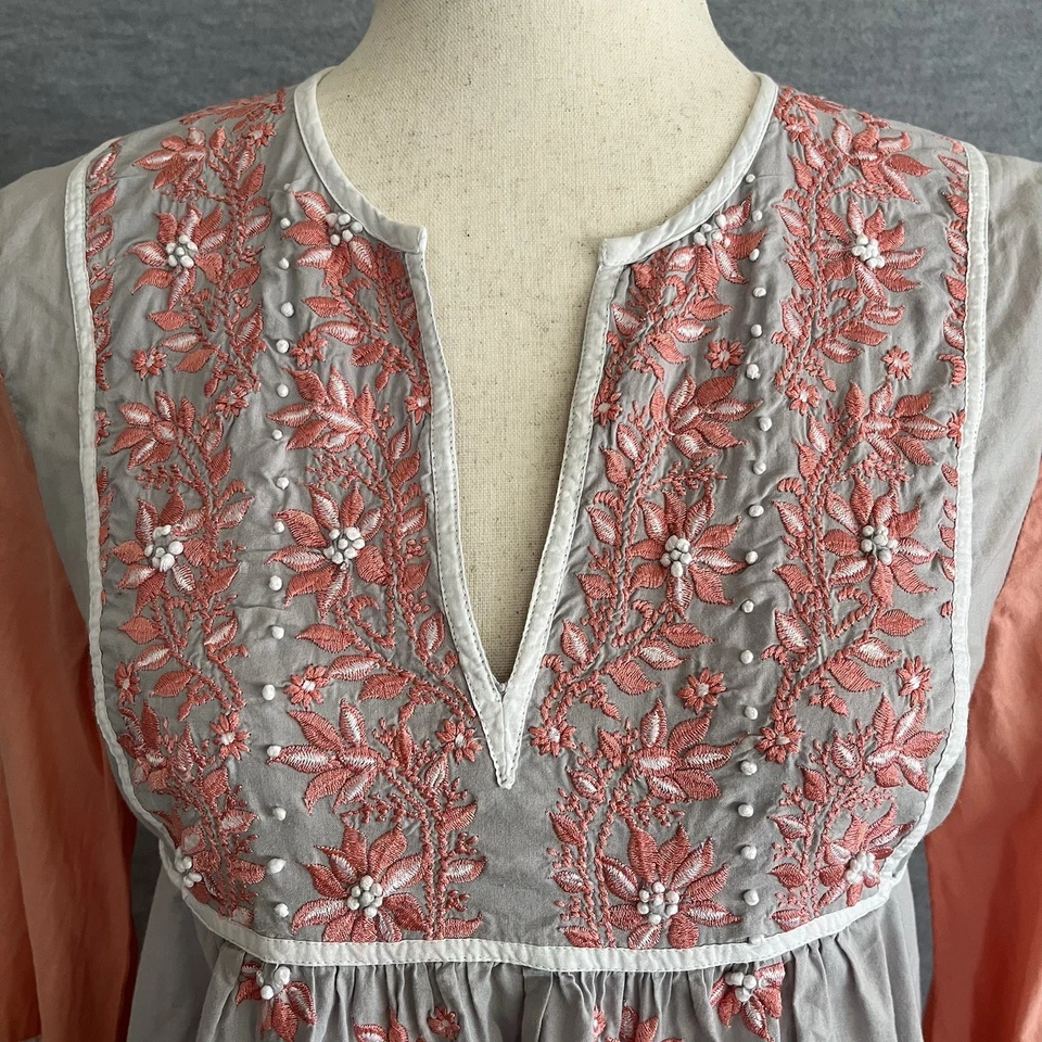 KAS Designs Boho Embroidered Tunic Top Size S Gypsy Cottage Artsy Floral Dress - Image 3 of 4