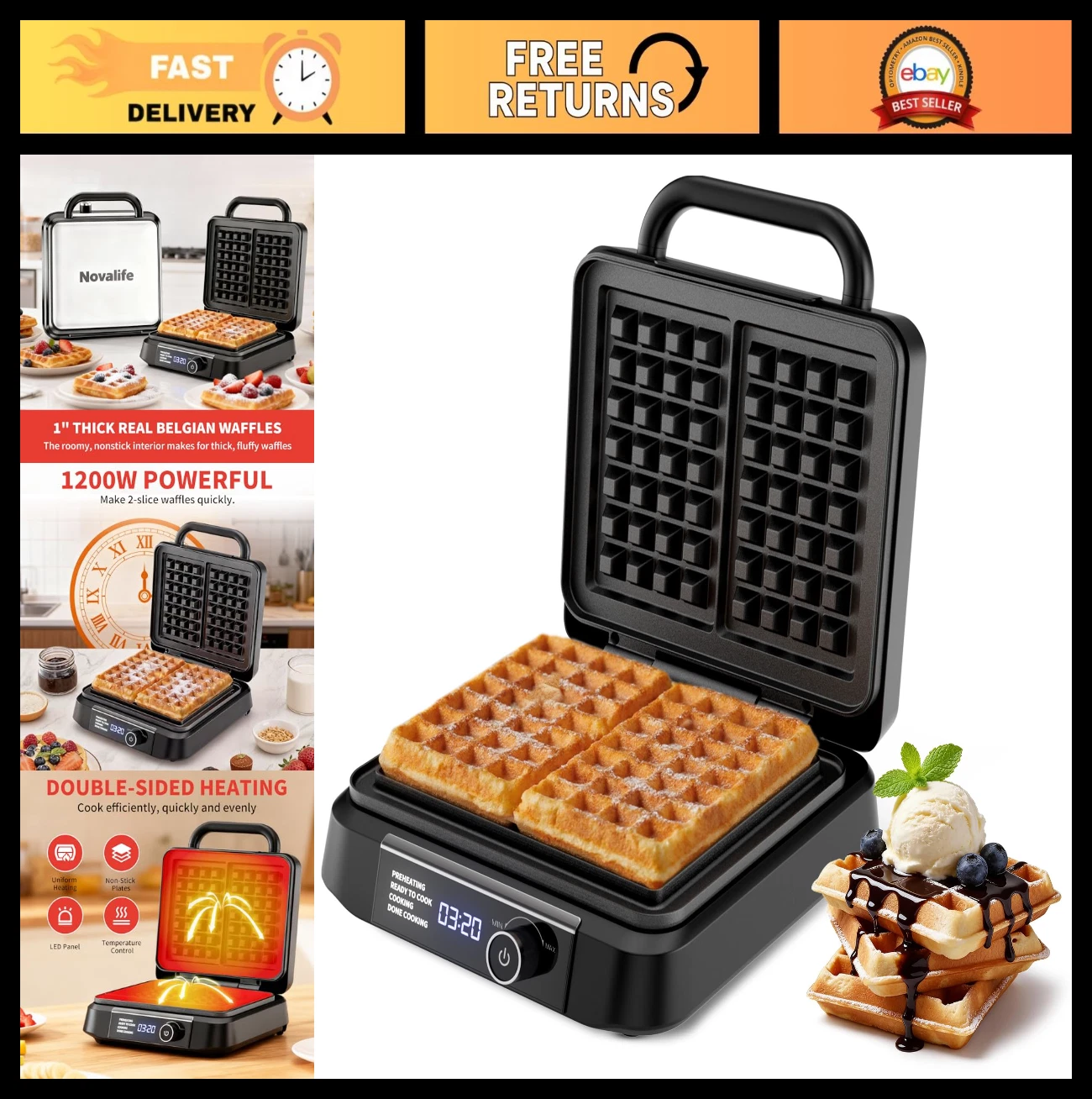 1200W Belgian Waffle Maker - Dual Rectangular, Nonstick, 7-Level Browning, Easy