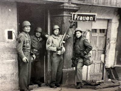 #ad WW2 Original Photo Of US G.I.’s Posing By Ladies Bathroom Koblenz Germany 1944 $19.99
