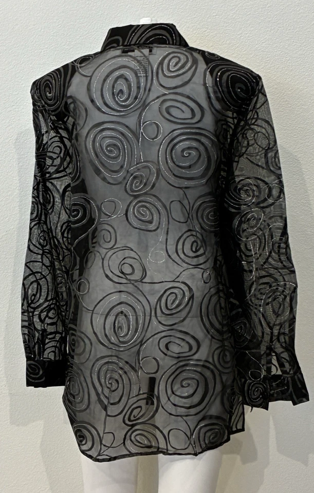 Blusa De Colección Diane Gilman 100% Seda Transparente Talla M Negra y Plateada Remolino Delicada Foto 3 de 4