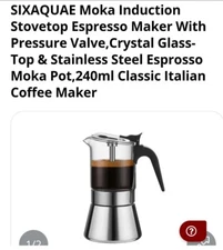 Stovetop Espresso Maker, 6Cup 240ml Classic Moka Pot, Crystal Glass-top & Sta...