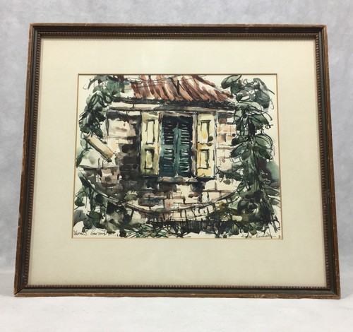Obturador de ventana de acuarela enmarcado vintage firmado - Imagen 2 de 17