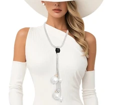 Silver Mesh Chain White Pearl Rhinestone Ball Bead Drop Tassel Necklaces Earring