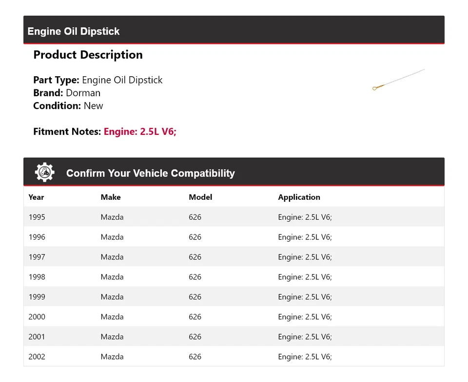 Varilla de medición de aceite de motor Dorman V6 2,5 L 1996 1997 1998 1999 para Mazda 626 1995-2002 Foto 2 de 4