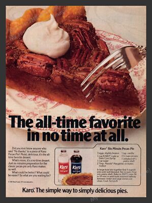 Karo Corn Syrup Six-Minute Pecan Pie Recipe Food 1980s Print Advertisement 1983