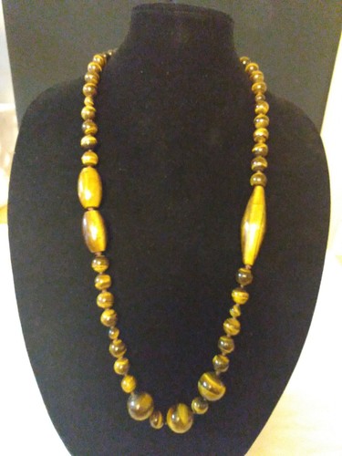 AIL 925 Sterling Heavy Chunky Beaded Barrel Tiger Eye Necklace 32" stretched out - Picture 1 of 5
