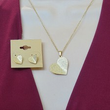 Stainless Steel 14K Gold Plated 3D Heart Necklace Earrings Set. Women Jewelry