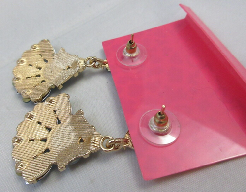 Betsey Johnson Aqua Rhinestones Dangle Pierced Earrings Gold Tone Statement - Picture 6 of 8