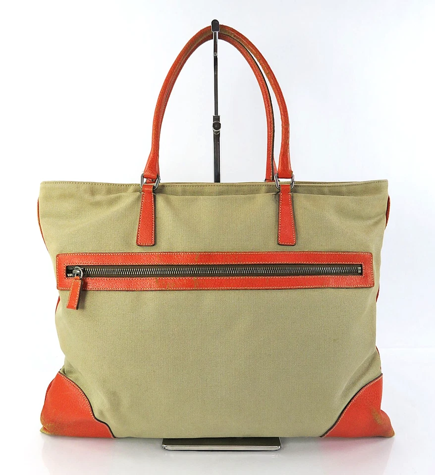 Подлинный PRADA бежевый холст и оранжевый кожаный сумка с короткими ручками ручная сумка сумочка #60959 - Изображение 3 из 4