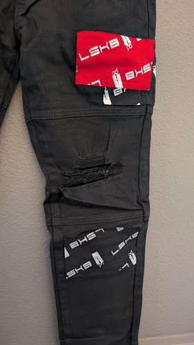 Men's Slim Fit Ripped Stretch Size 30 Jeans Black With Patch Work NWT - Afbeelding 5 van 8