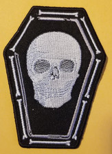 Skull Coffin Patch Black White Gothic Bones Embroidered Biker 2.75x3.75"
