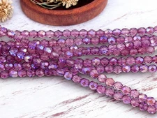 7mm Purple Fuschia AB Fire Polished Round Czech Glass Beads 8" Strand