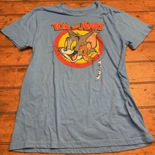 Tom & Jerry Shirt Short Sleeve Crew Neck Size Mens Large Blue Cotton Graphic