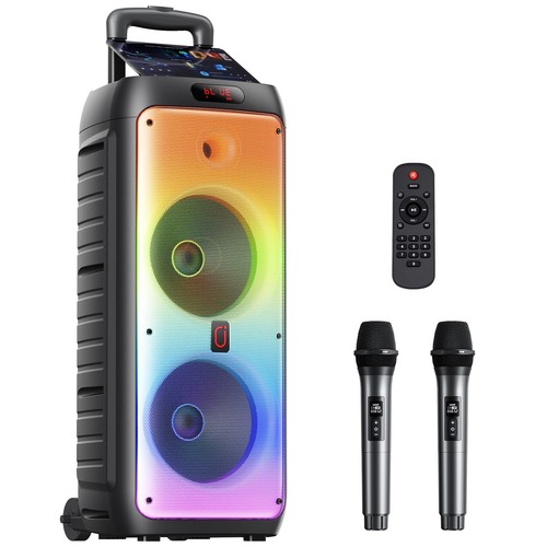 Portable Rolling Karaoke Machine Bluetooth PA Speaker 2 Wireless Mics RGB Lights