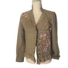 Sundance Tonala XS Blazer embroidered flower button fray linen ruffle v-neck