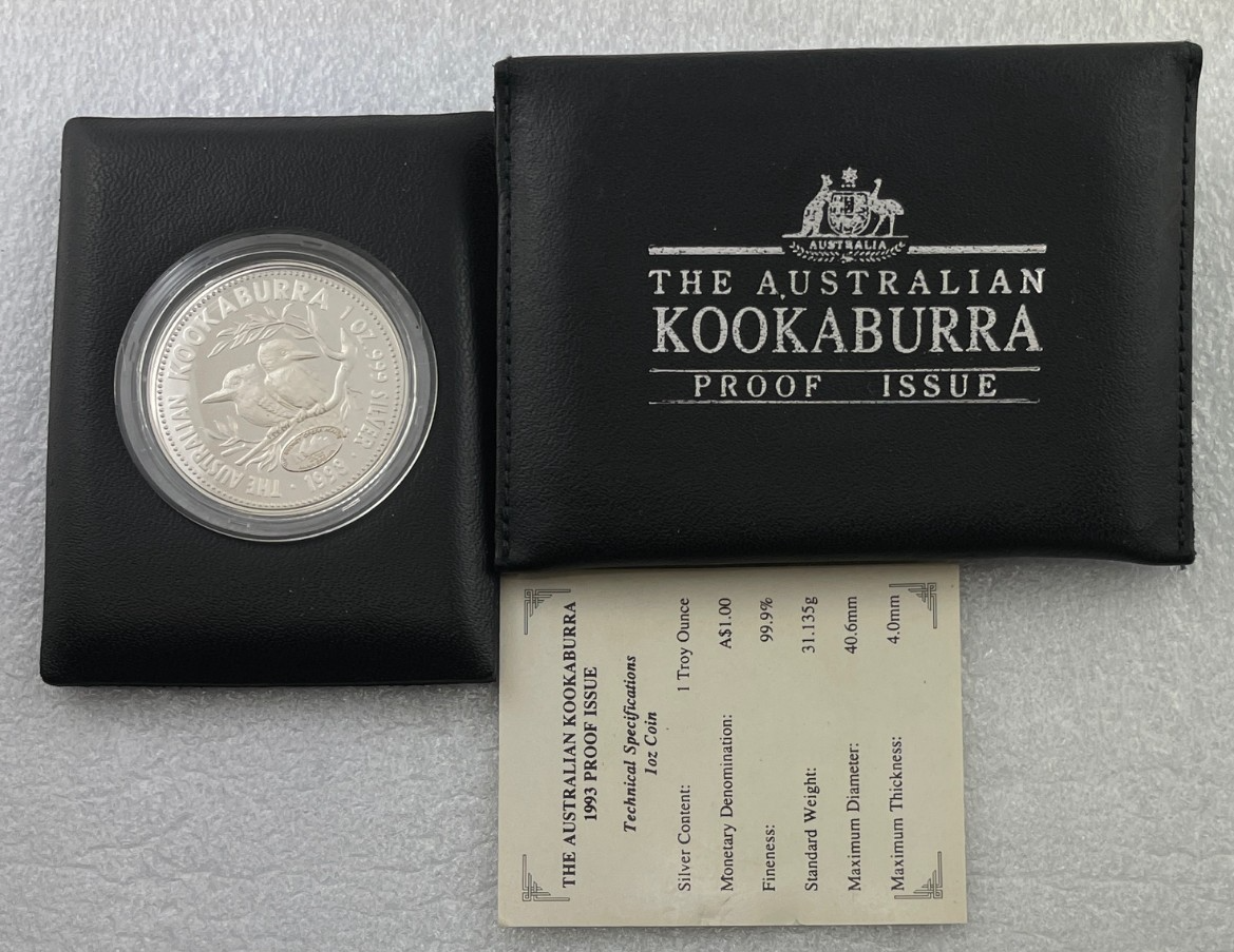 珍品　1993 Australian Kookaburra 1oz 銀貨 1993 $1 1oz KOOKABURRA PROOF SILVER Coin in Wallet. SYDNEY OPERA