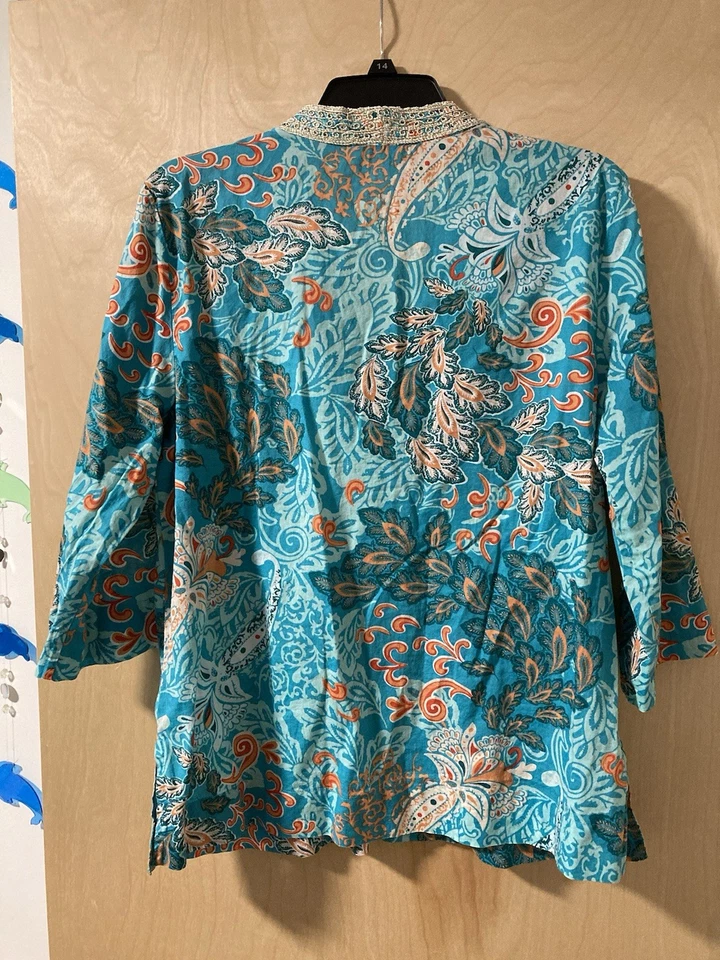 Top túnica floral bordada turquesa y coral Charter Club para mujer talla PL Foto 3 de 3